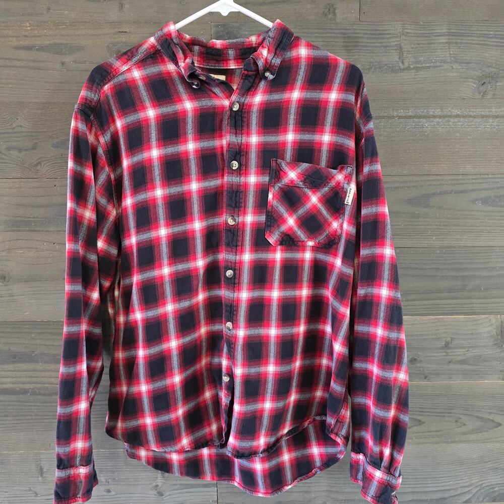 Woolrich Flannel Shirt Men Large Red Black Plaid Button Up Long Sleeve Cotton